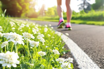 Close-up of White Flowers along a Park Trail with a Blurred Person Jogging in the Distance during a Sunny Morning, Concept of Fitness, Health, and ...
