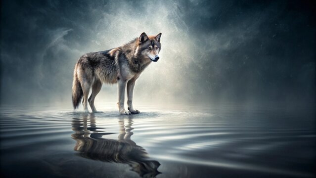 A Majestic Lone Wolf Stands Serenely on a Calm, Misty Water, Its Reflection Mirrored Perfectly, Creating a Breathtaking Scene of Solitude and Wild Beauty.