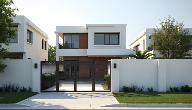 Modern luxury white house exterior with black gate and driveway in sunny daylight
