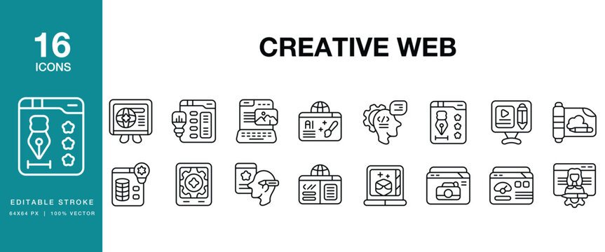 Creative Web icon set. Includes web, creative, design, website, ui, ux, interface and More. Editable Stroke Icon Collection.