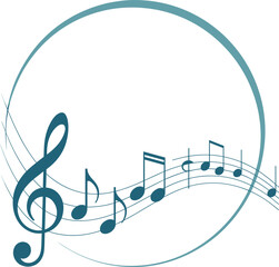 Musical treble clef vector illustration, flowing notes on staff, abstract rhythm design, blue monochrome artwork, creative music graphics, performance education content, stock art