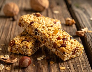 A close-up photo of homemade granola bars on a wooden table
