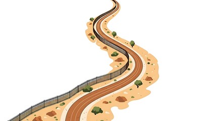 Winding Desert Road Through Sunlit Sand And Sparse Shrubs.