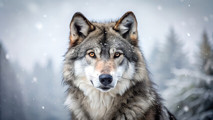 Obraz premium A wild gray timber wolf with thick fur stands as a majestic predator in the cold winter snow, capturing a fierce portrait of this canine carnivore in its natural habitat
