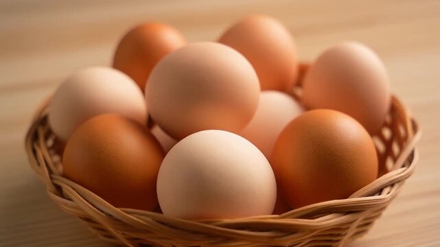 Brown and white eggs in basket.