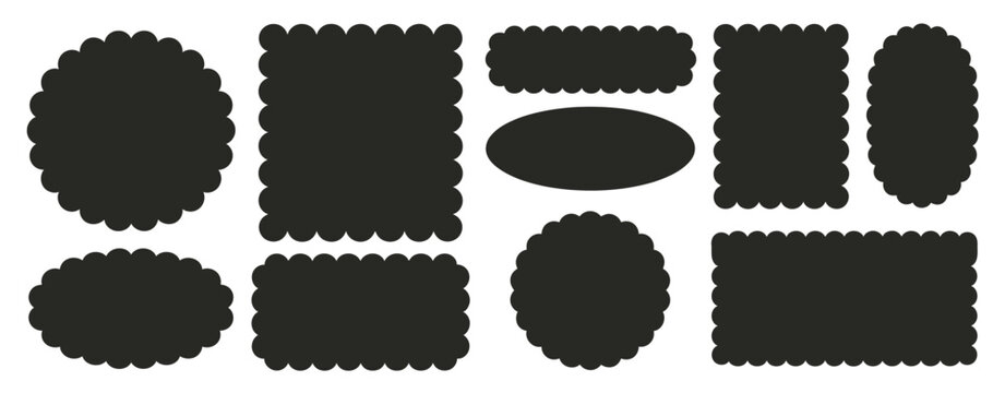 Black scalloped borders, showcasing circle, square, oval, and rectangle forms with decorative frill lace edges for scallop labels, flower frames, and text boxes.