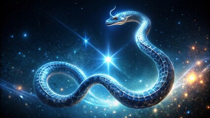 Celestial Serpent A cosmic entity, illuminated by distant stars, winds through the infinite expanse of space, its scales shimmering with ethereal light.
