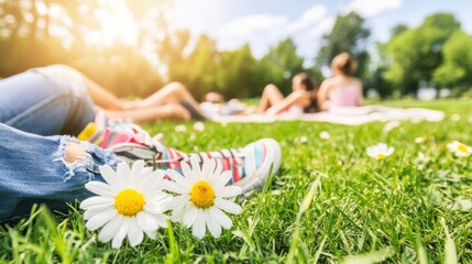 Relaxing Summer Afternoon in a Sunny Park with Friends, Daisies and Colorful Sneakers in the Foreground, and People Enjoying a Picnic on the Lawn