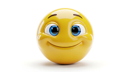 Fototapeta premium A 3D rendered yellow emoji with a happy and content expression, featuring blue eyes and a gentle smile on a white background.