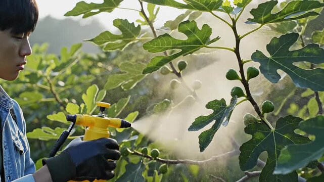 Farmer spraying pesticide on fig tree with young fruits in organic orchard at sunrise