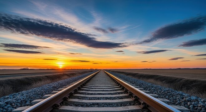 Perspective view of parallel steel railway tracks extending toward a vibrant horizon line under a vast, cloud-strewn blue sky, linear, horizon, engineering