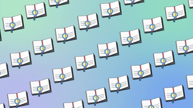 Seamless education pattern with open books and magnifying glass research icons on background animation. Knowledge and discovery wallpaper for an academic banner with literature and analysis symbols.