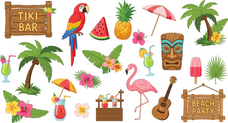 Large set of tropical beach party elements featuring tiki bar sign palm trees colorful cocktails flamingo parrot and exotic flowers vector illustration © Shahanaj
