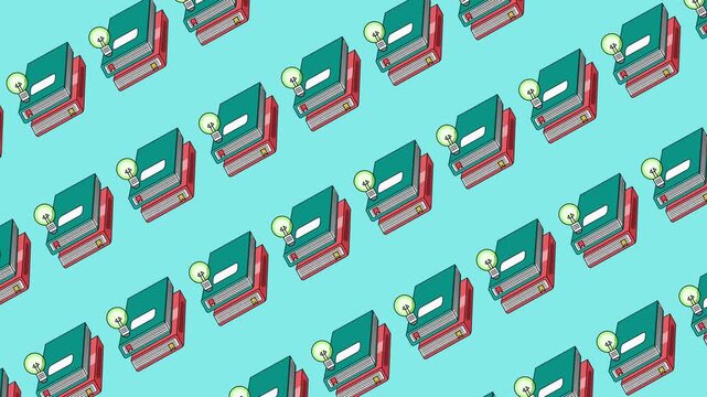 Seamless education pattern with stacks of books and lightbulb ideas icons on a background animation. Creative learning wallpaper for academic banner with repeating literature and innovation symbols.