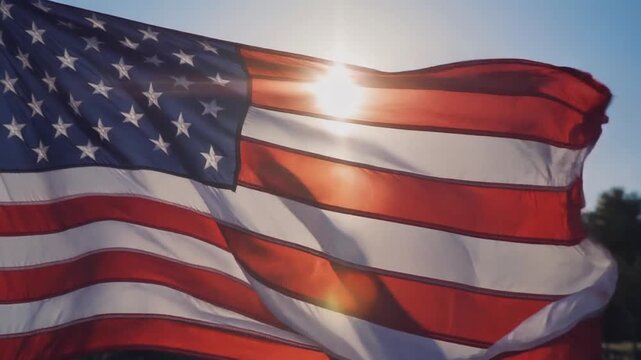 American flag waving in sunlight, United States