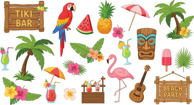 Large set of tropical beach party elements featuring tiki bar sign palm trees colorful cocktails flamingo parrot and exotic flowers vector illustration