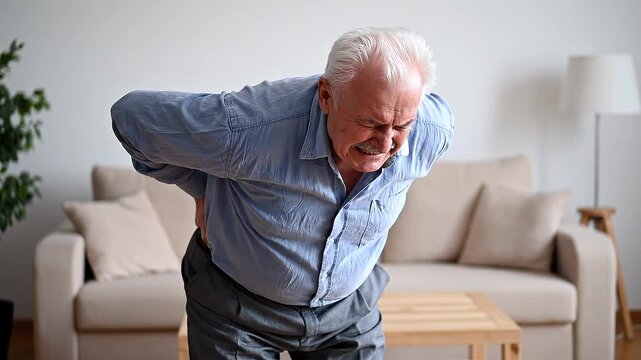 An elderly man clutching his lower back in discomfort