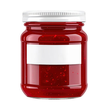 Glossy red jam jar with white lid and label, filled with fruit preserves isolated on white background