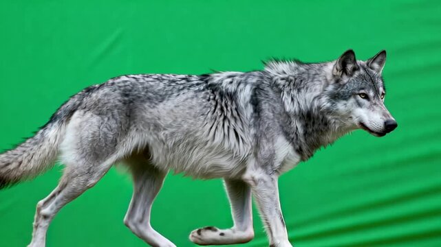 Grey wolf walking against green screen background. 4K Video