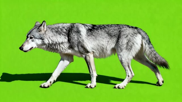 Grey wolf walking across green screen background. 4K Video