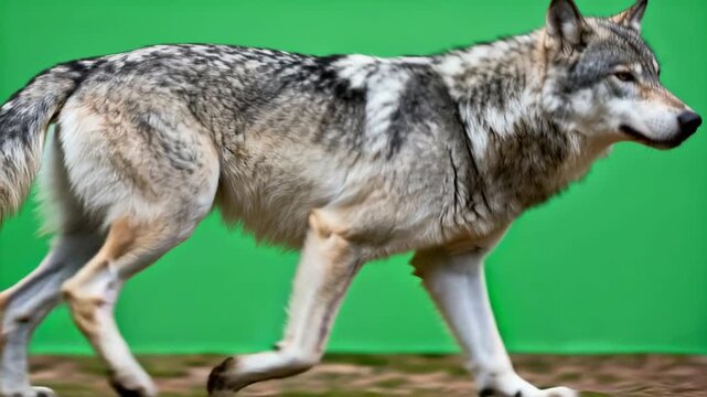 Gray wolf walking on green screen background. 4K Video