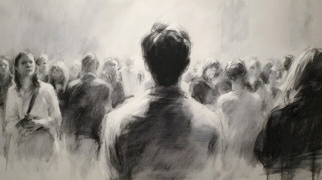 Man Standing Facing Crowd With Blurred Figures in Background.