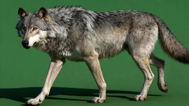 Realistic gray wolf walking on green screen. 4K Video