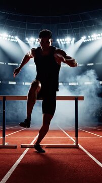 Athlete clears hurdle on a track in a stadium