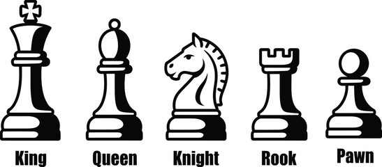 Chess piece icons showing king queen knight rook pawn isolated on white background strategy game vector illustration design set collection © MdShafe