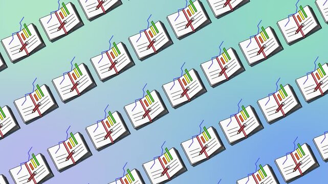 Seamless education pattern with open books, bar charts, and pencil icons on a background animation. Financial literacy and data analysis wallpaper with an academic banner for business growth backdrop.