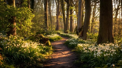 Fototapeta premium Sunlit Forest Path Lined with White Flowers in Spring.