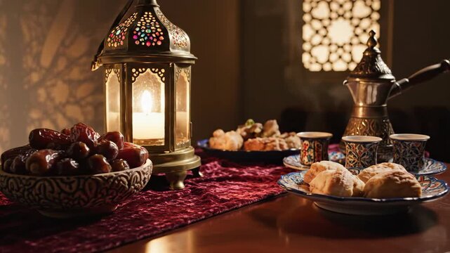 Atmospheric Ramadan Iftar Scene: A Glowing Lantern Illuminates a Traditional Feast of Dates and Sweets