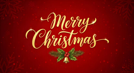 Elegant golden script merry christmas greeting with holly berries and bell on textured deep red background