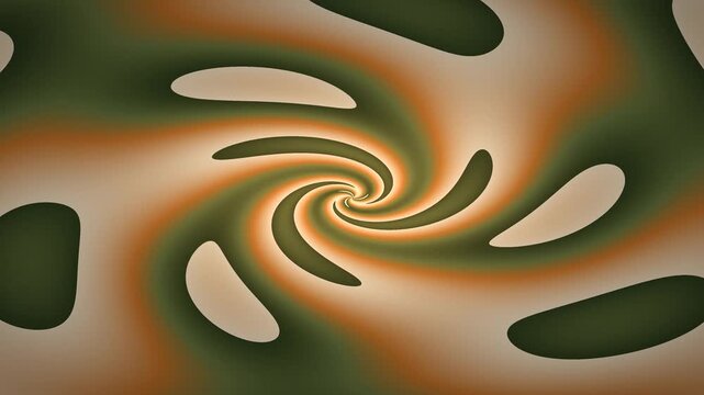 A mesmerizing abstract spiral pattern with olive green and orange hues, featuring irregular dark shapes swirling towards the center.