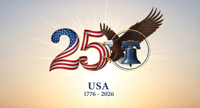 250th anniversary of american independence celebration design with bald eagle and liberty bell symbolism