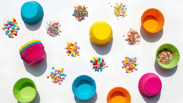 Colorful cupcake wrappers and sprinkles arranged in a mosaic pattern on a flat surface, viewed from directly above