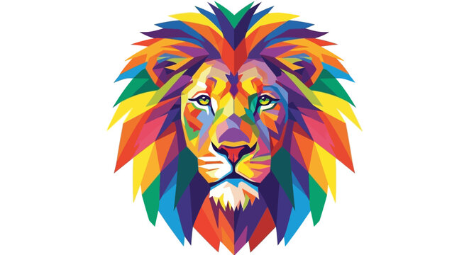 Vibrant colorful lion head with multicolored mane on white background symbolizing creativity and power
