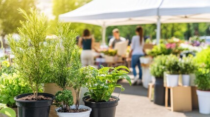 Fresh Potted Herbs and Green Plants for Sale at a Vibrant Sunny Outdoor Farmers Market with People Browsing in the Background
