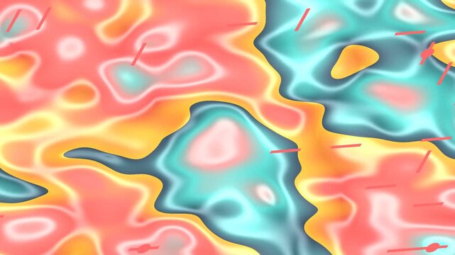 Abstract colorful topographic map-like pattern with flowing organic shapes and red vector lines, suggesting data visualization or scientific illustration.