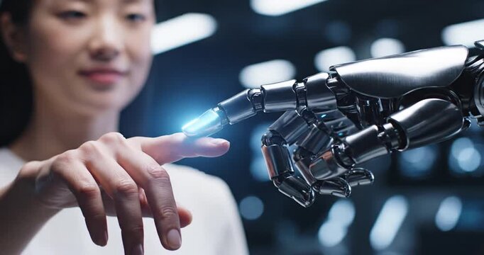 A woman interacts with a robotic hand in a futuristic tech lab, showcasing human-robot connection