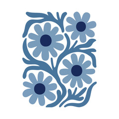 Abstract Blue Daisy Flowers and Leaves Botanical Art