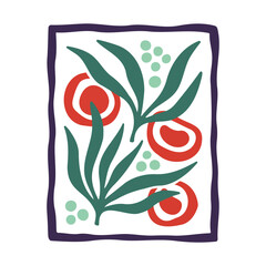 Abstract Botanical Illustration with Red Fruits and Green Leaves