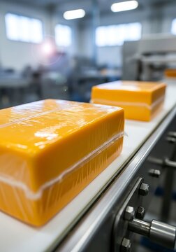 Orange cheese blocks on conveyor belt packaging plastic wrap