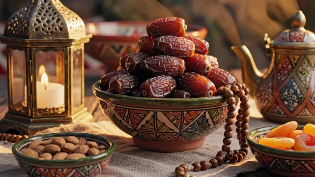 Celebrating Iftar: A Cinematic View of a Traditional Ramadan Table with Dates, Nuts, and a Glowing Lantern