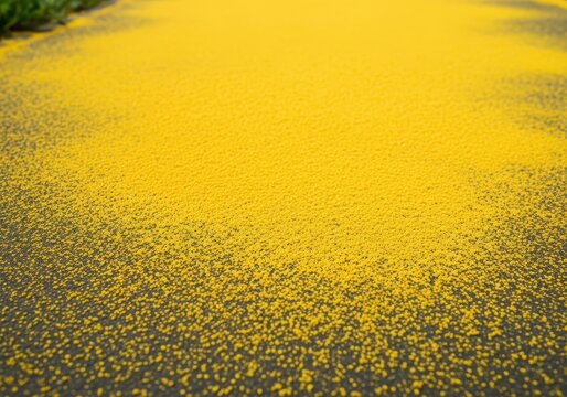 Abundant layer of fine yellow dust covering an outdoor surface, representing heavy airborne pollen deposition during the middle of spring, allergy, respiratory, seasonalchange
