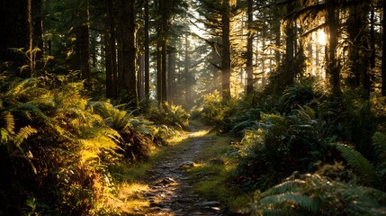 Sunlight filters through a lush green forest path with ferns.