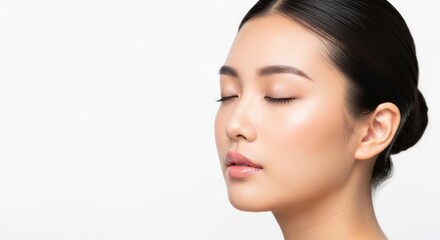 A serene Asian woman with closed eyes, wearing a white top, against a white background.