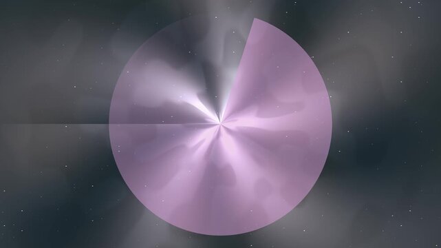 A shimmering purple and silver metallic disc with a radial brushed texture and a missing segment, set against a dark, abstract background.