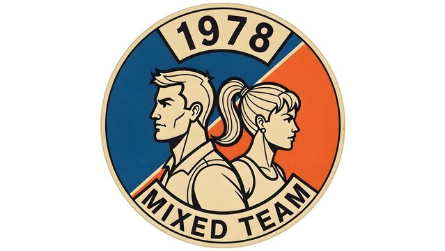 Vintage Retro Circular Emblem Featuring Male and Female Team Members from 1978 Sports Club Badge