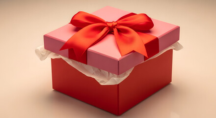 Obraz premium A 3d isolated red gift box wrapped in gold ribbon with a decorative bow makes a festive celebration package for a Christmas, birthday, or Valentine surprise holiday present
